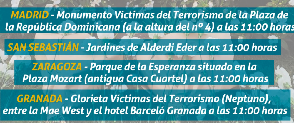 La AVT mantiene sus homenajes a las víctimas del terrorismo convocados para mañana a las 11h en Madrid, San Sebastián, Zaragoza y Granada